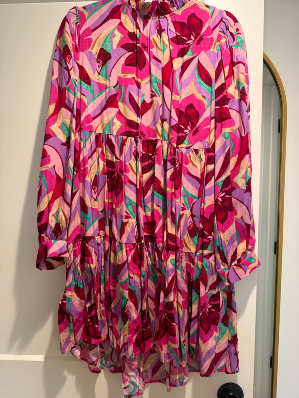 Floral Tiered Long Sleeve Dress in Pink, Magenta, Lavender